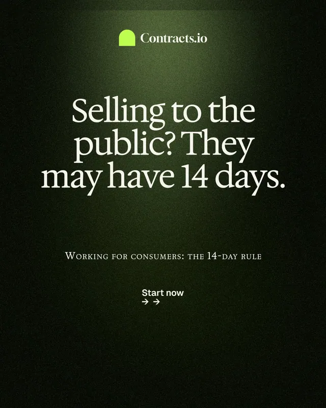 Instagram portrait post for contracts.io: "Selling to the public? They may have 14 days." Dark deco style, smallcaps layout, dark palette in black, grey.