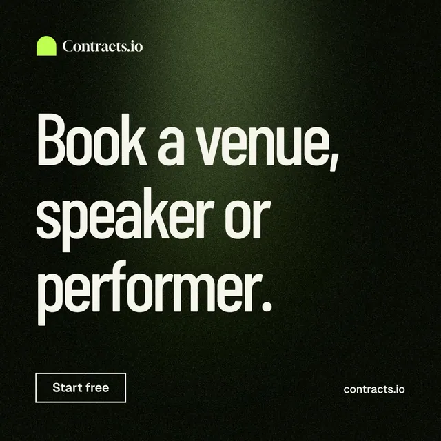 Instagram post for contracts.io: "Book a venue, speaker or performer." Dark deco style, poster layout, dark palette in black, grey.