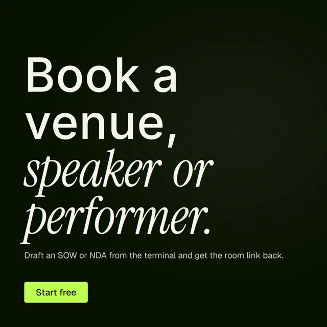 Video for contracts.io: "Book a venue, speaker or performer.". Doc motion loop, 6.0 s, dark palette.