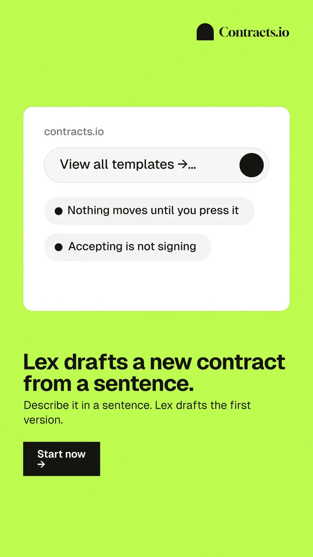 Instagram story for contracts.io: "Lex drafts a new contract from a sentence." Swiss style, bottom layout, light palette in white, green.