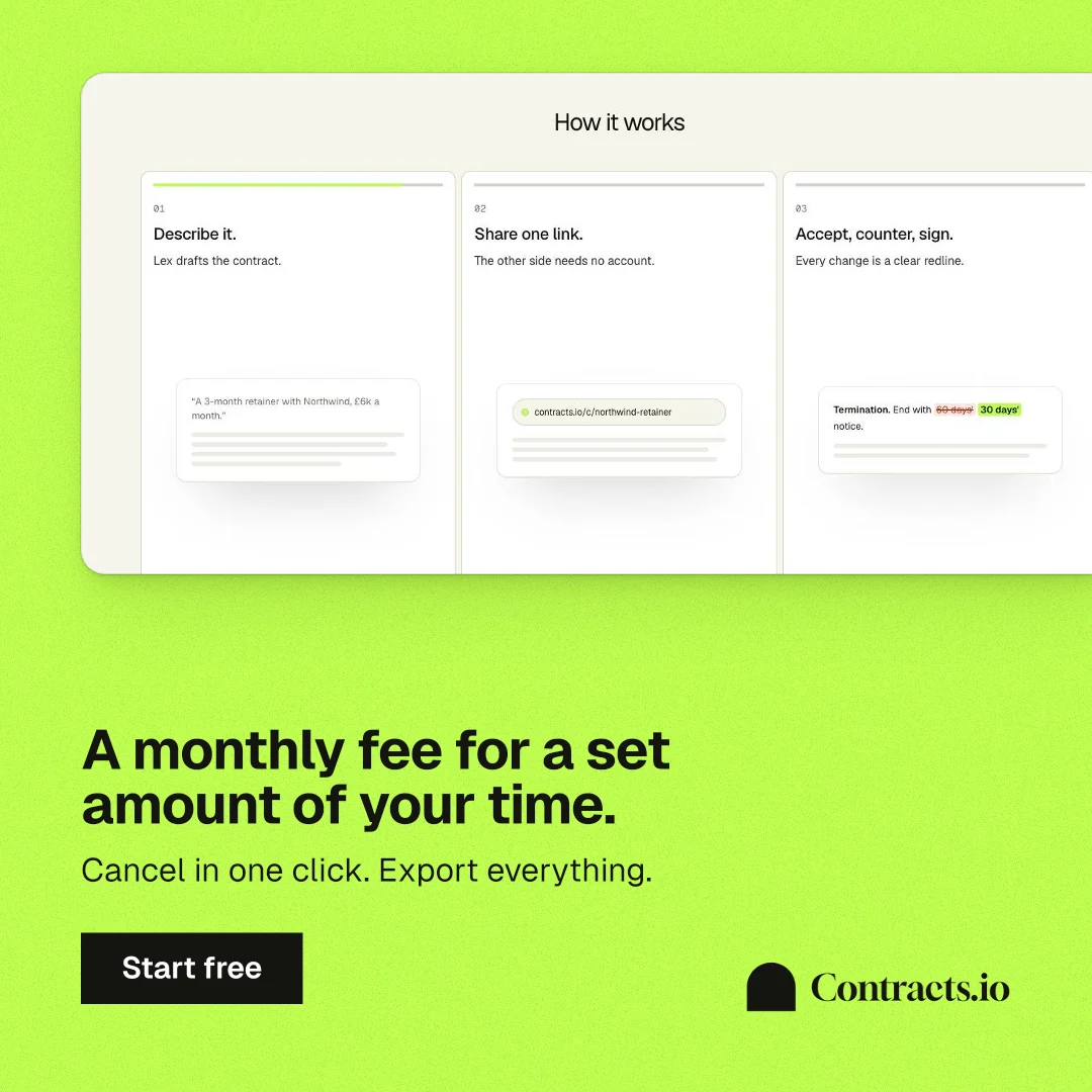 Instagram post for contracts.io: "A monthly fee for a set amount of your time." Swiss style, bottom layout, light palette in white, green.