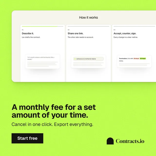 Instagram post for contracts.io: "A monthly fee for a set amount of your time." Swiss style, bottom layout, light palette in white, green.