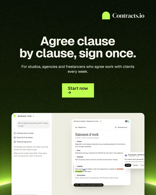 Instagram portrait post for contracts.io: "Agree clause by clause, sign once." Swiss style, centred layout, light palette in white, black, grey.