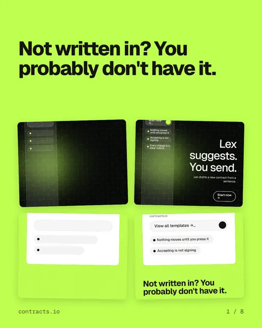 Carousel for contracts.io: "Not written in? You probably don't have it.". Collection carousel, 8 slides, light palette.
