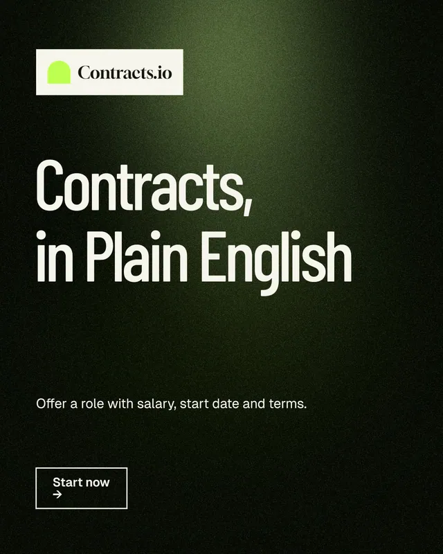 Instagram portrait post for contracts.io: "Contracts, in Plain English". Dark deco style, announce layout, dark palette in black, grey.