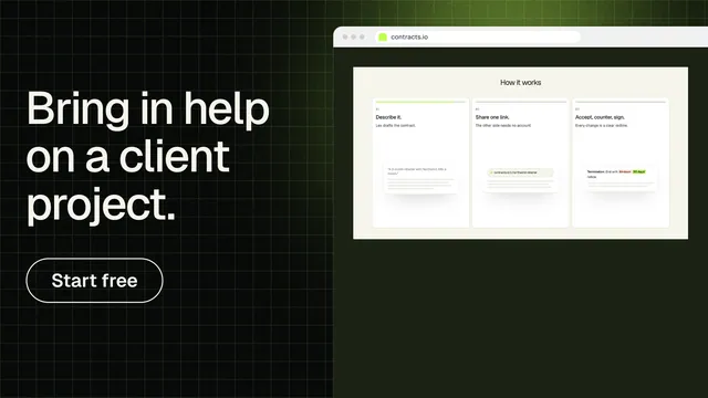Landscape graphic for contracts.io: "Bring in help on a client project." Phosphor atlas style, browser layout, dark palette in green, black, white.