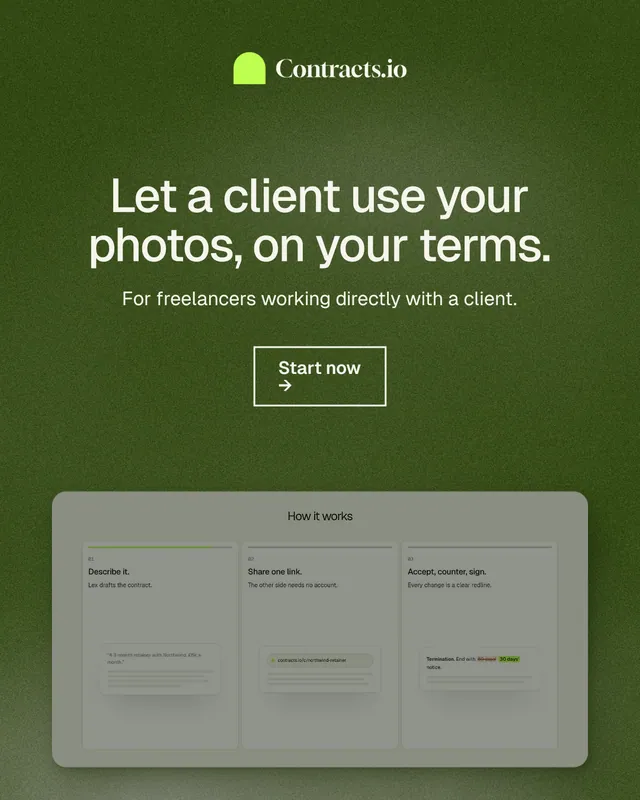 Instagram portrait post for contracts.io: "Let a client use your photos, on your terms." Cyanotype style, centred layout, dark palette in grey, green.