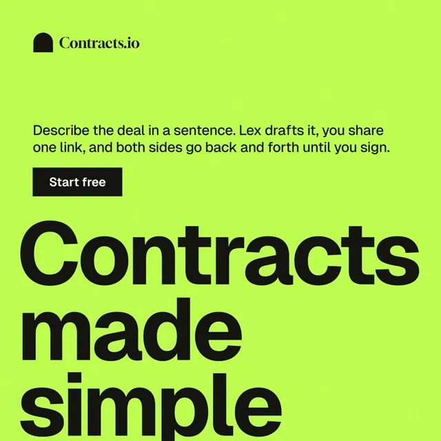Instagram post for contracts.io: "Contracts made simple." Swiss style, oversized layout, light palette in green.