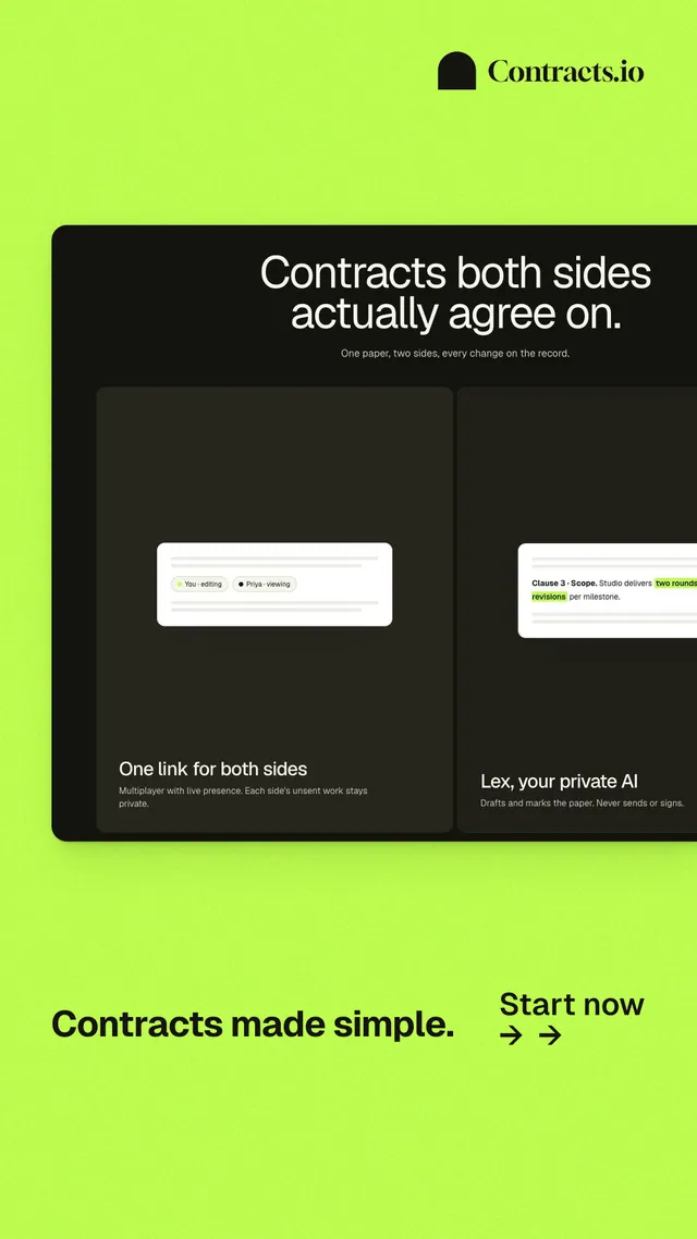 Instagram story for contracts.io: "Contracts made simple." Swiss style, image led layout, light palette in green, black.