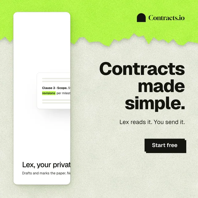 Instagram post for contracts.io: "Contracts made simple." Paper trio style, right layout, light palette in yellow, white, green.