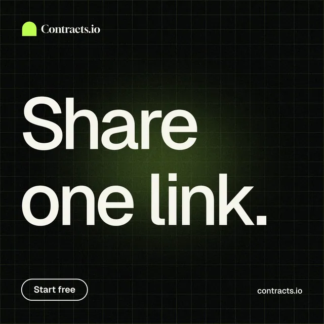 Instagram post for contracts.io: "Share one link." Phosphor atlas style, poster layout, dark palette in black, grey.