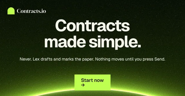Social ad for contracts.io: "Contracts made simple." Swiss style, centred layout, dark palette in green, black.