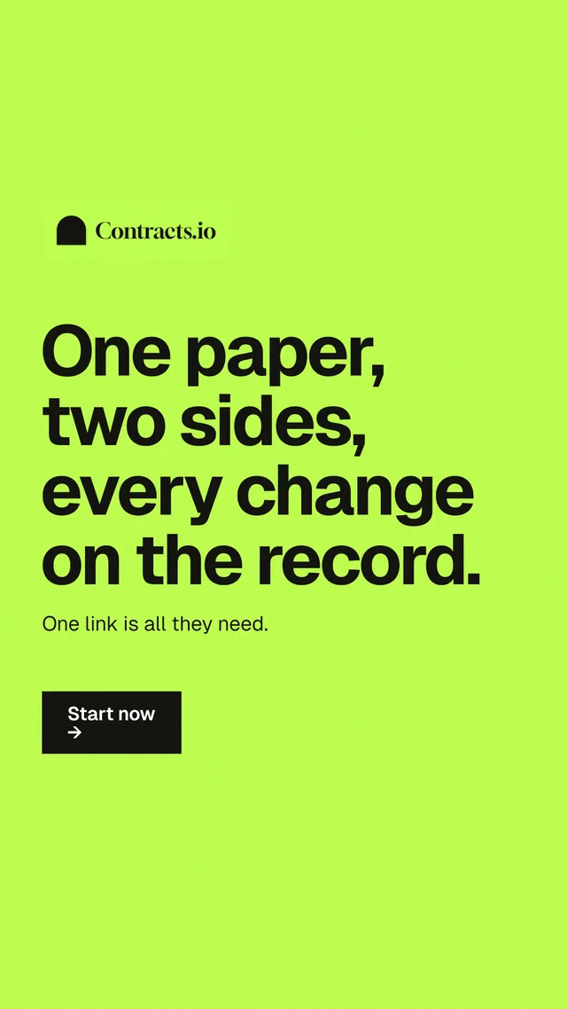 Instagram story for contracts.io: "One paper, two sides, every change on the record." Swiss style, announce layout, light palette in green.