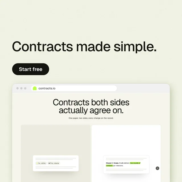 Instagram post for contracts.io: "Contracts made simple." Data card style, browser layout, light palette in white, yellow, grey.