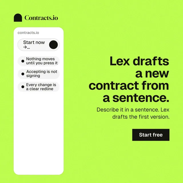 Instagram post for contracts.io: "Lex drafts a new contract from a sentence." Swiss style, right layout, light palette in green.