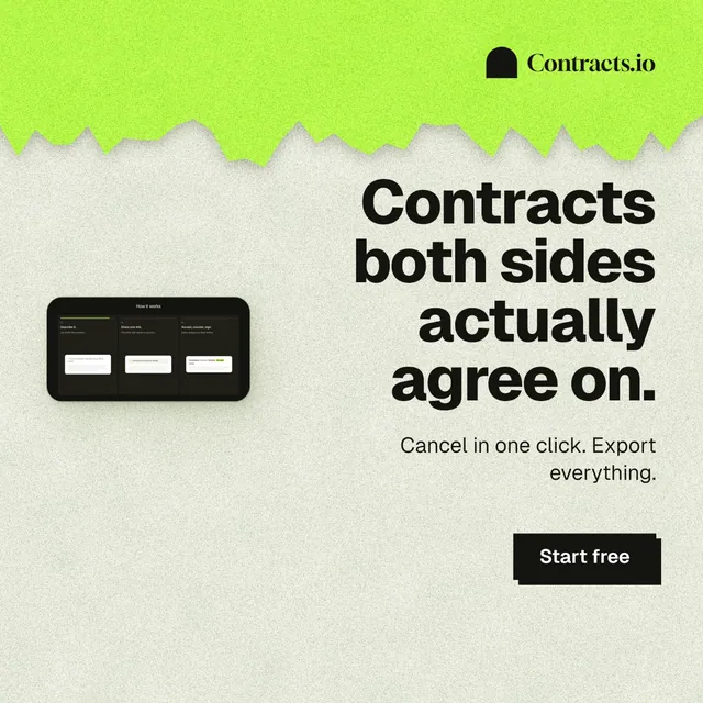 Instagram post for contracts.io: "Contracts both sides actually agree on." Paper trio style, right layout, light palette in green, grey.
