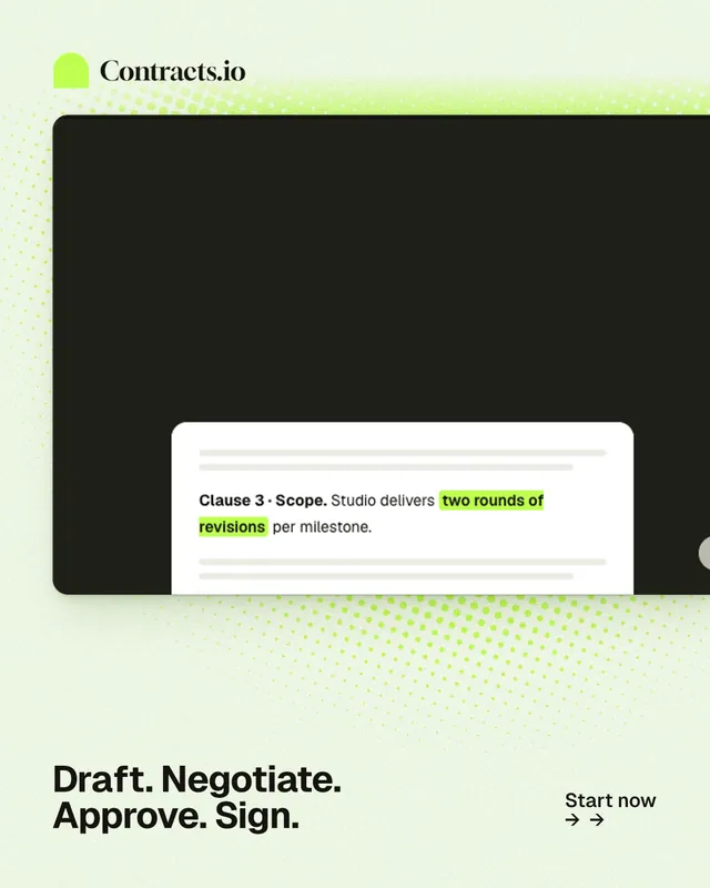 Instagram portrait post for contracts.io: "Draft. Negotiate. Approve. Sign." Swiss style, image led layout, light palette in white, black, green.