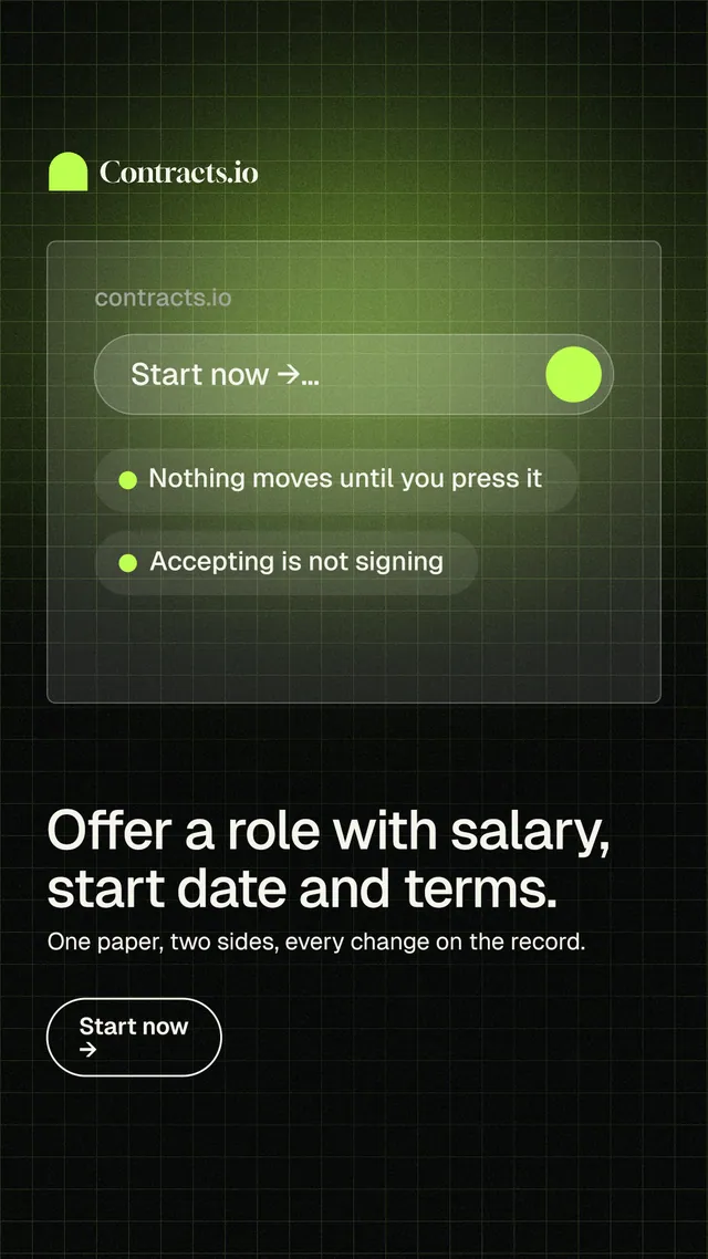 Instagram story for contracts.io: "Offer a role with salary, start date and terms." Phosphor atlas style, bottom layout, dark palette in green, black.