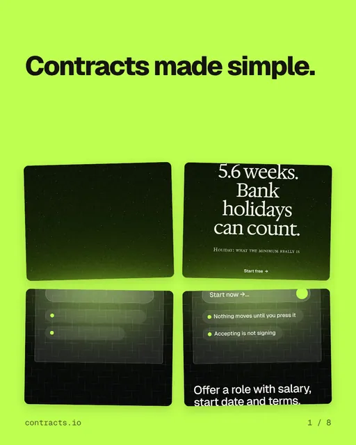 Carousel for contracts.io: "Contracts made simple.". Collection carousel, 8 slides, light palette.