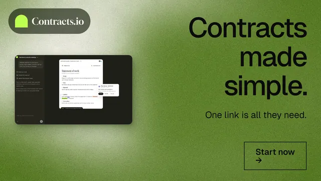Landscape graphic for contracts.io: "Contracts made simple." Cyanotype style, right layout, light palette in green.