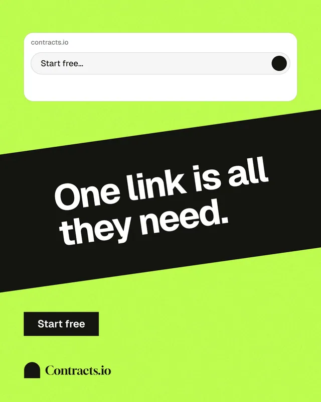 Instagram portrait post for contracts.io: "One link is all they need." Swiss style, diagonal layout, light palette in green, black, grey.