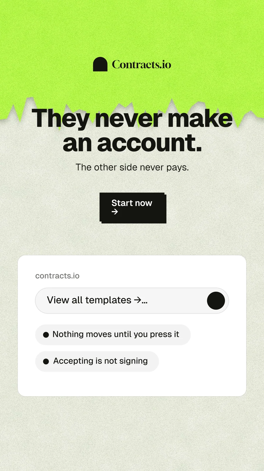 Instagram story for contracts.io: "They never make an account." Paper trio style, centred layout, light palette in green, white, grey.