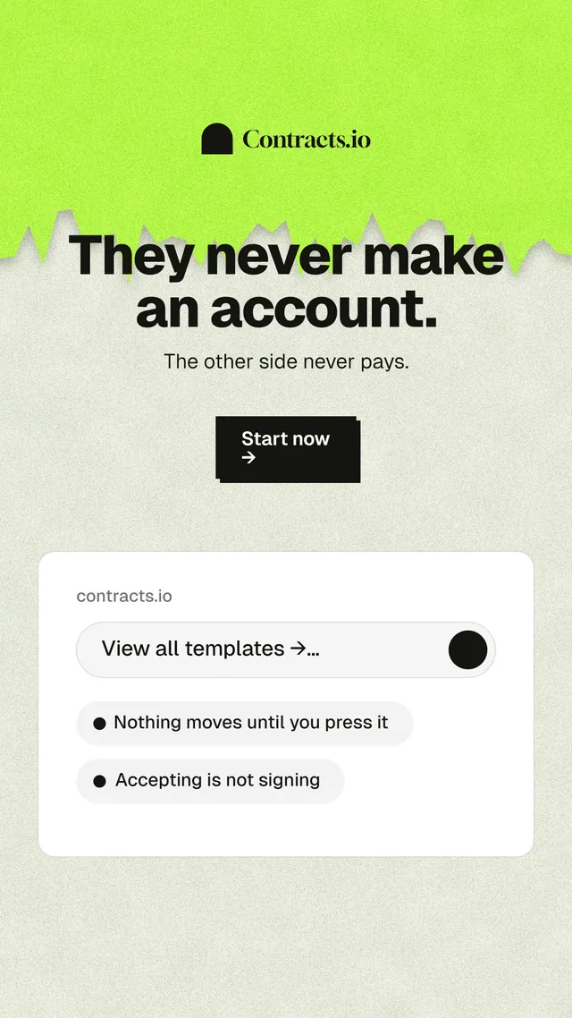 Instagram story for contracts.io: "They never make an account." Paper trio style, centred layout, light palette in green, white, grey.