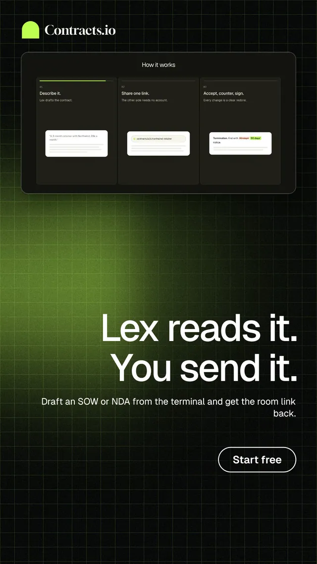 Instagram story for contracts.io: "Lex reads it. You send it." Phosphor atlas style, right layout, dark palette in black, green.