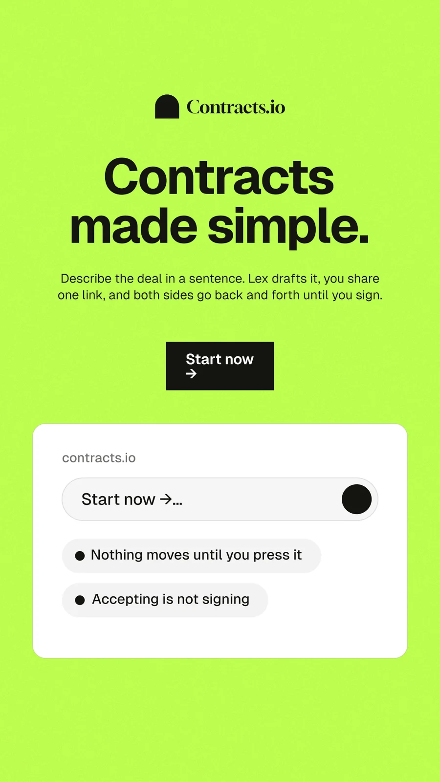 Instagram story for contracts.io: "Contracts made simple." Swiss style, centred layout, light palette in green, white.