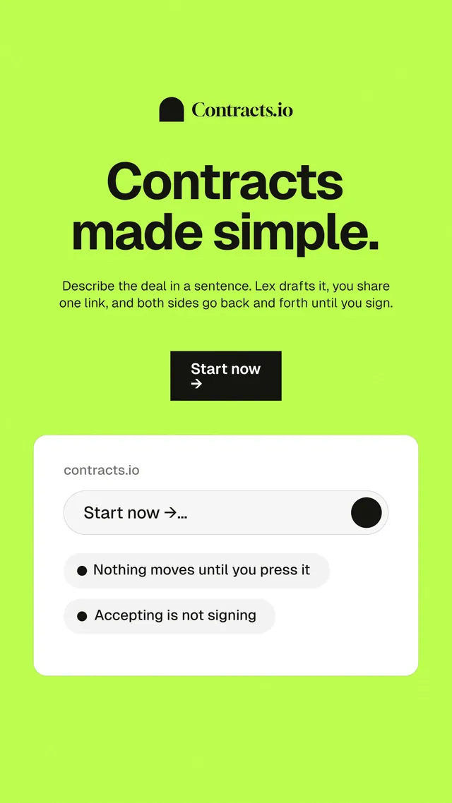 Instagram story for contracts.io: "Contracts made simple." Swiss style, centred layout, light palette in green, white.