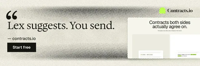 X header for contracts.io: "Lex suggests. You send." Ink sticker style, quote layout, light palette in white, yellow, grey.