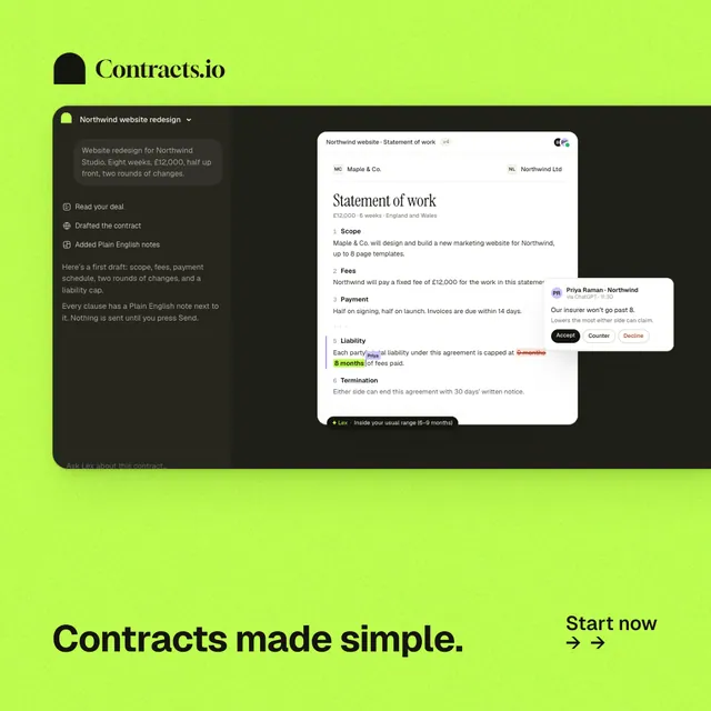 Instagram post for contracts.io: "Contracts made simple." Swiss style, image led layout, light palette in green, black.