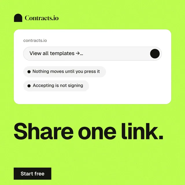 Instagram post for contracts.io: "Share one link." Swiss style, bottom layout, light palette in white, green.