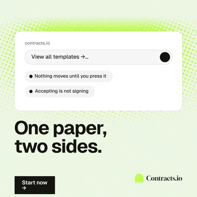 Instagram post for contracts.io: "One paper, two sides." Swiss style, bottom layout, light palette in white, green, grey.
