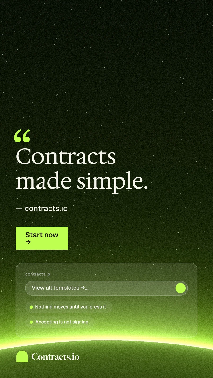 Instagram story for contracts.io: "Contracts made simple." Swiss style, quote layout, dark palette in green, black.