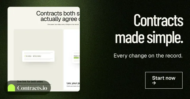 Social ad for contracts.io: "Contracts made simple." Dark deco style, right layout, dark palette in white, black, grey.