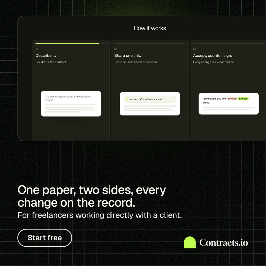 Instagram post for contracts.io: "One paper, two sides, every change on the record." Phosphor atlas style, bottom layout, dark palette in black, grey.