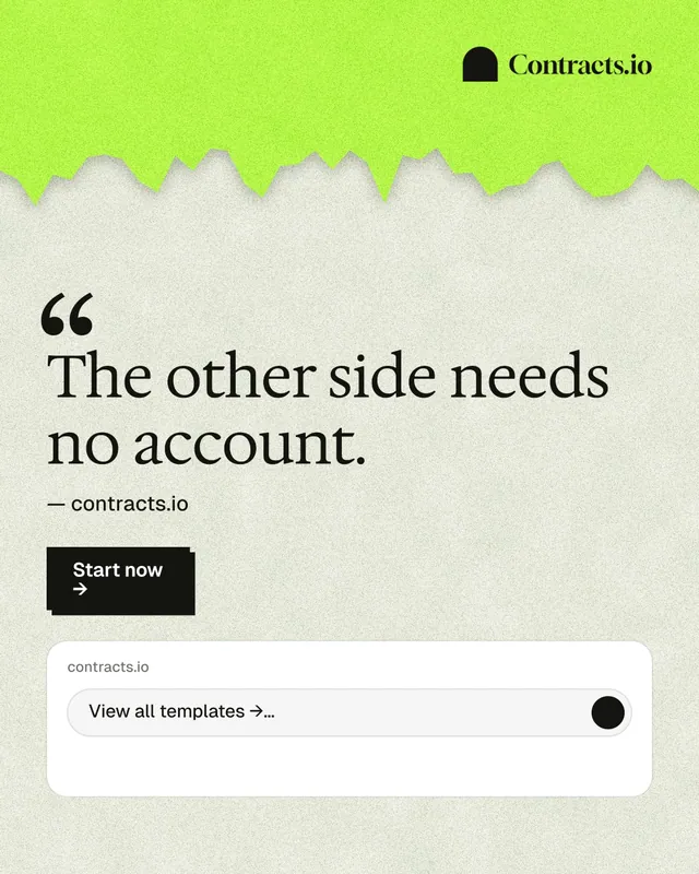 Instagram portrait post for contracts.io: "The other side needs no account." Paper trio style, quote layout, light palette in green, white, grey.