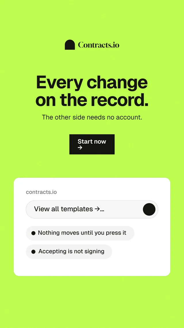 Instagram story for contracts.io: "Every change on the record." Swiss style, centred layout, light palette in green, white.