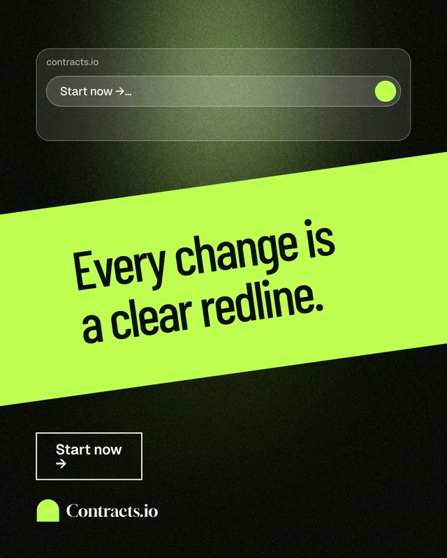 Instagram portrait post for contracts.io: "Every change is a clear redline." Dark deco style, diagonal layout, dark palette in green, black.