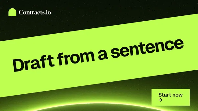 Landscape graphic for contracts.io: "Draft from a sentence". Swiss style, diagonal layout, light palette in green, black.