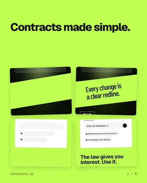 Carousel for contracts.io: "Contracts made simple.". Collection carousel, 8 slides, light palette.