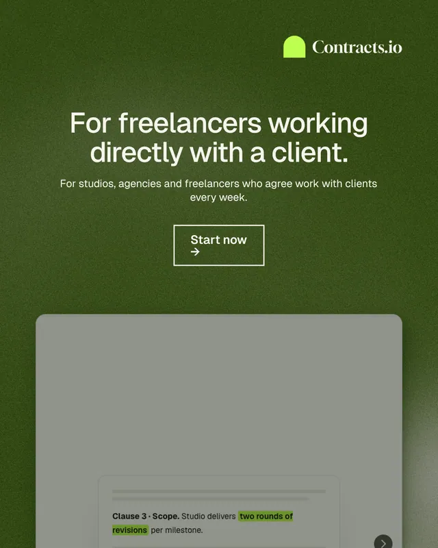 Instagram portrait post for contracts.io: "For freelancers working directly with a client." Cyanotype style, centred layout, dark palette in grey, green.