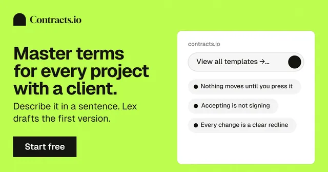 Social ad for contracts.io: "Master terms for every project with a client." Swiss style, bottom layout, light palette in white, green.