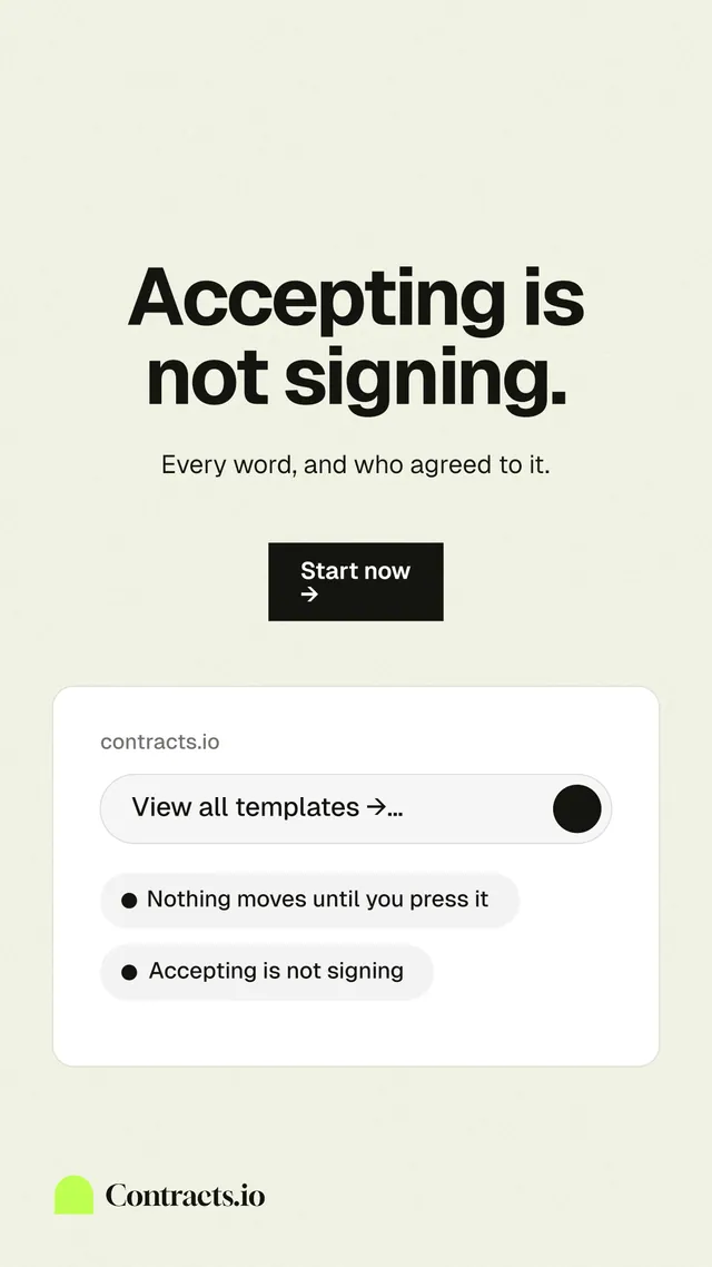 Instagram story for contracts.io: "Accepting is not signing." Swiss style, centred layout, light palette in white, grey.