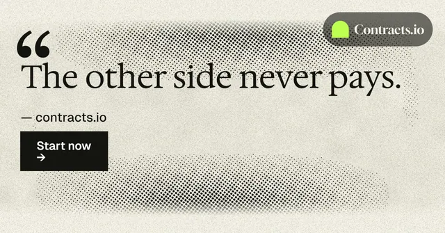 Social ad for contracts.io: "The other side never pays." Ink sticker style, quote layout, light palette in yellow, grey.