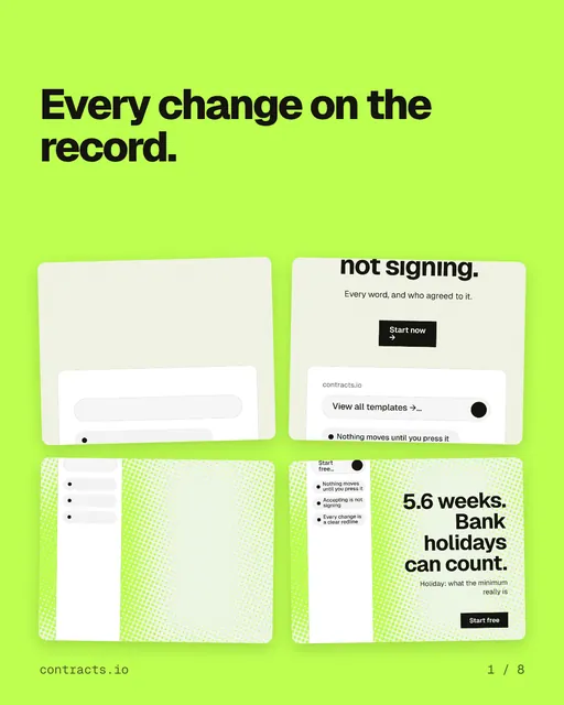 Carousel for contracts.io: "Every change on the record.". Collection carousel, 8 slides, light palette.