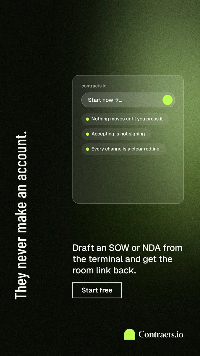 Instagram story for contracts.io: "They never make an account." Dark deco style, vertical layout, dark palette in black, green.