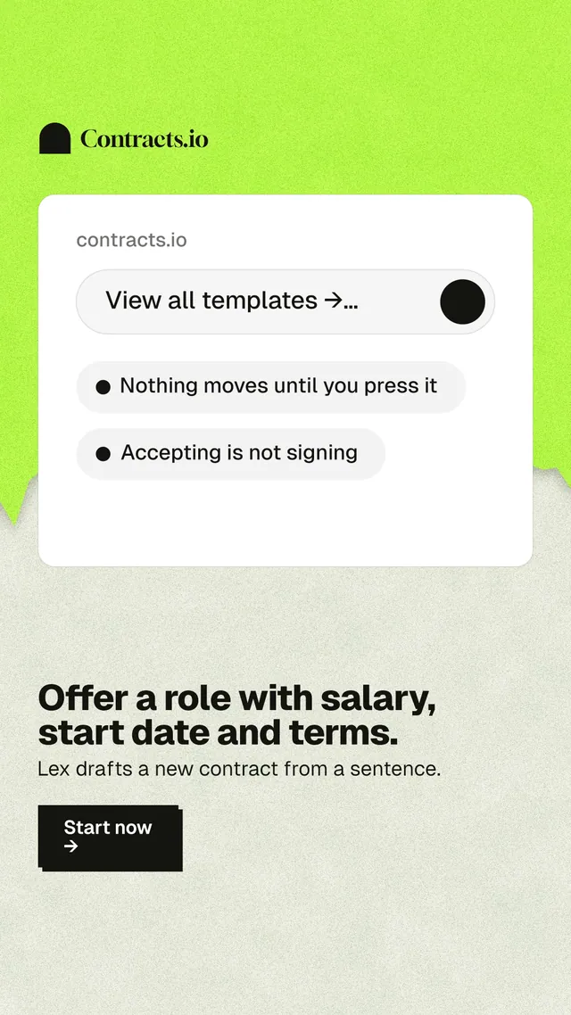 Instagram story for contracts.io: "Offer a role with salary, start date and terms." Paper trio style, bottom layout, light palette in white, yellow, green.