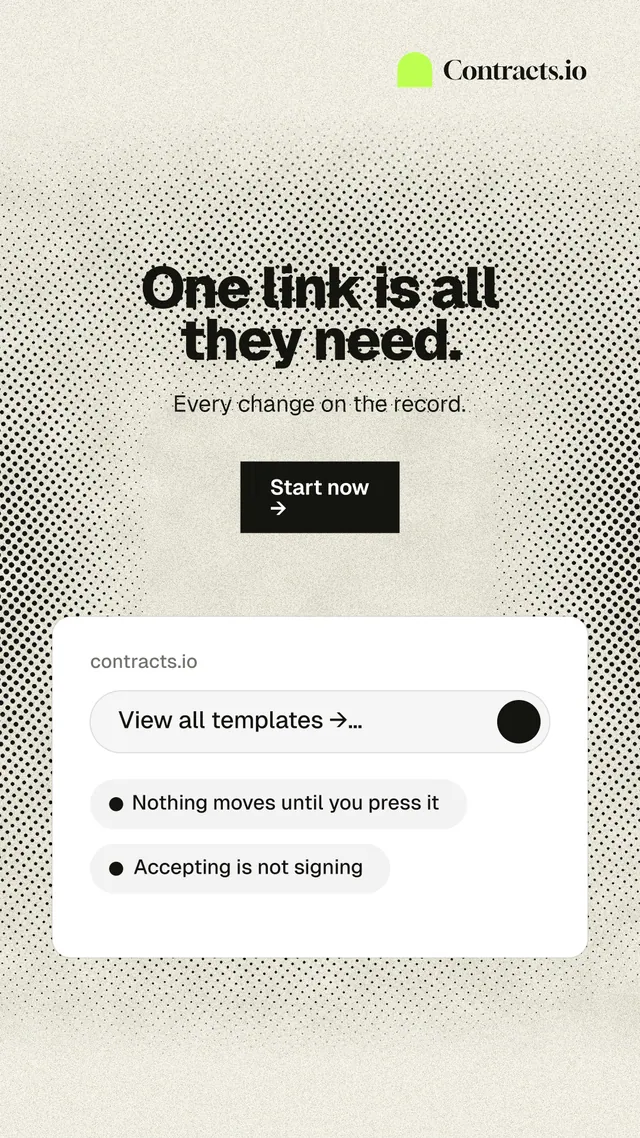 Instagram story for contracts.io: "One link is all they need." Ink sticker style, centred layout, light palette in white, yellow, grey.
